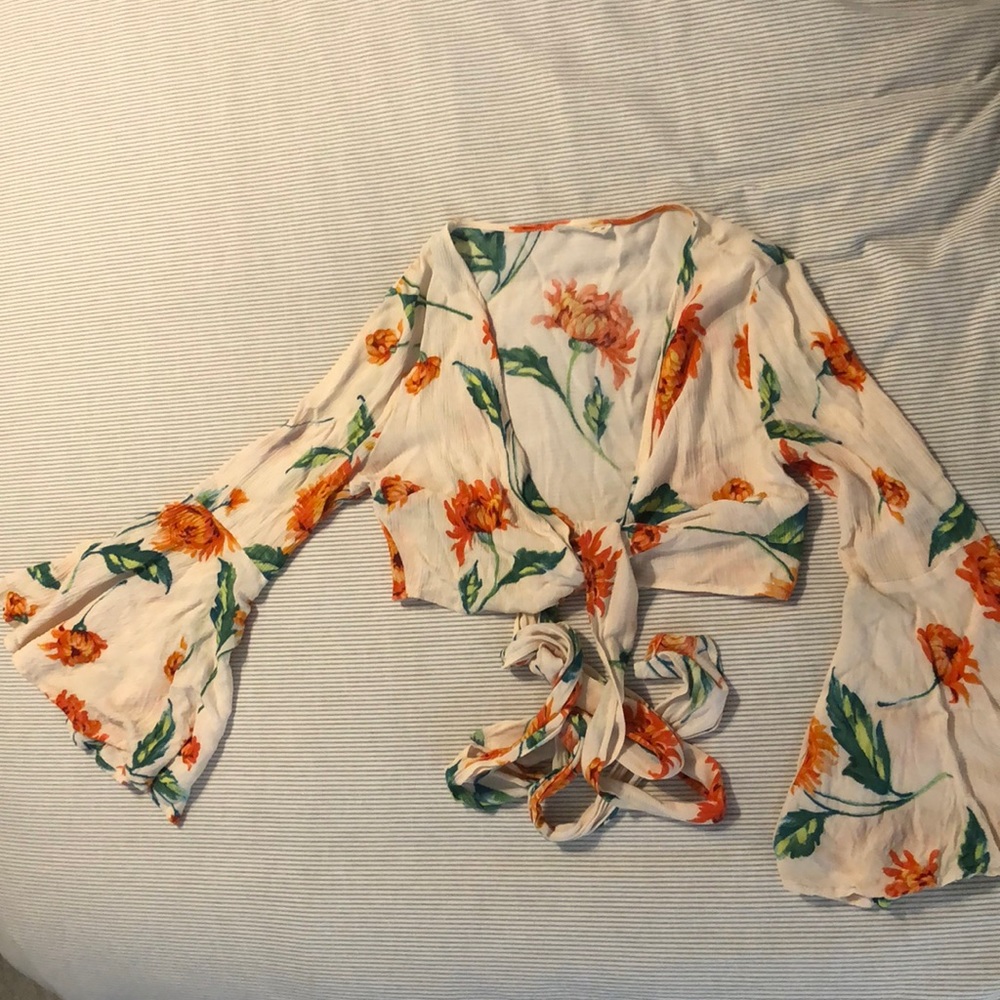 Floral long bell sleeve wrap top
